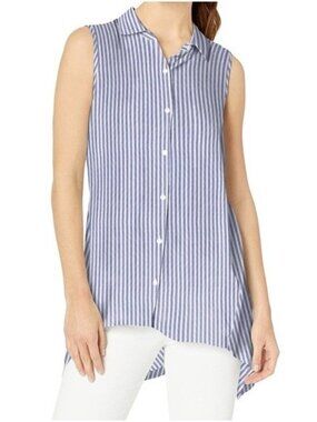 Max Studio Hi Low Sleeveless Striped Tunic  Blouse Blue White Button Down Size M